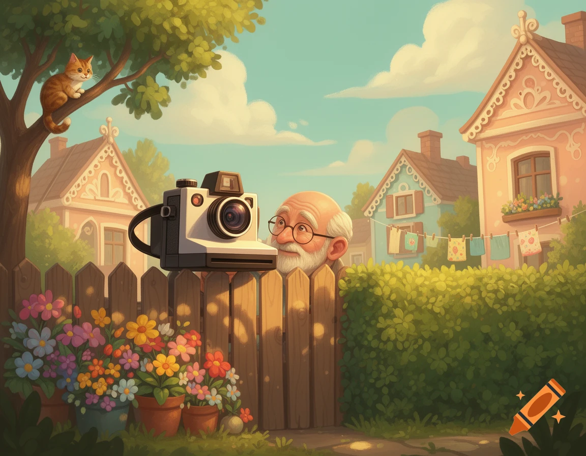 A cartoon old man with glasses peeks over a wooden fence with a camera, a cat sits in a tree, and cute houses are in the background.