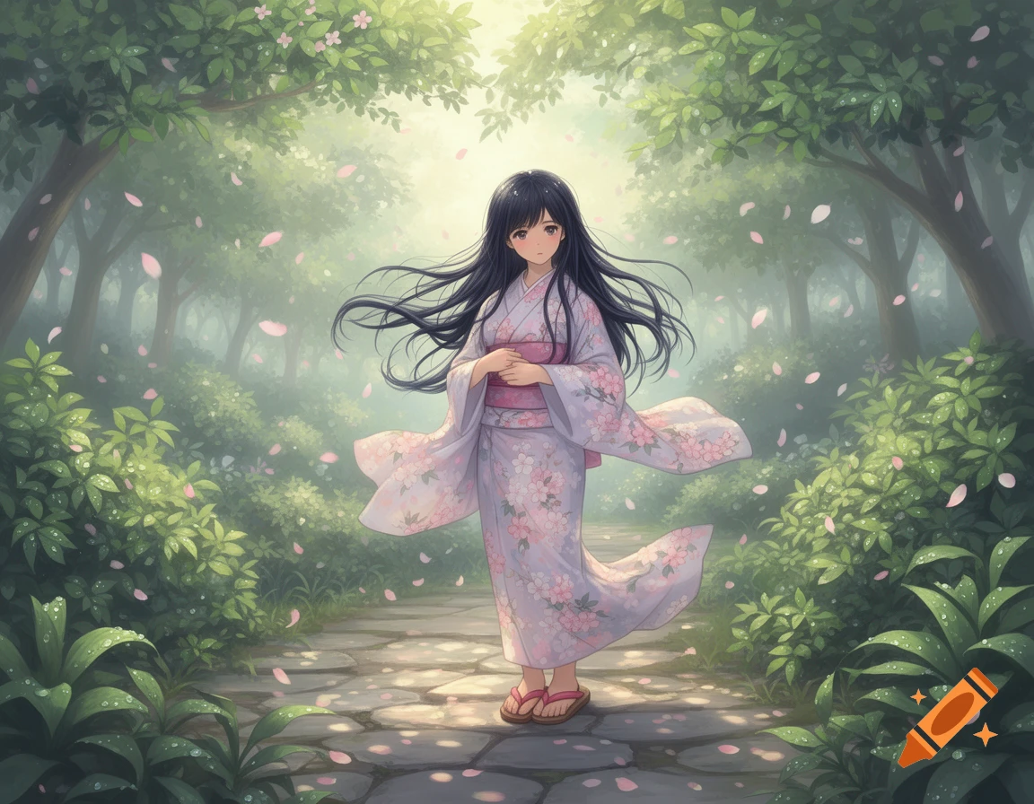 An anime girl in a light pink floral kimono stands on a stone path in a misty, sunlit forest with falling pink petals.