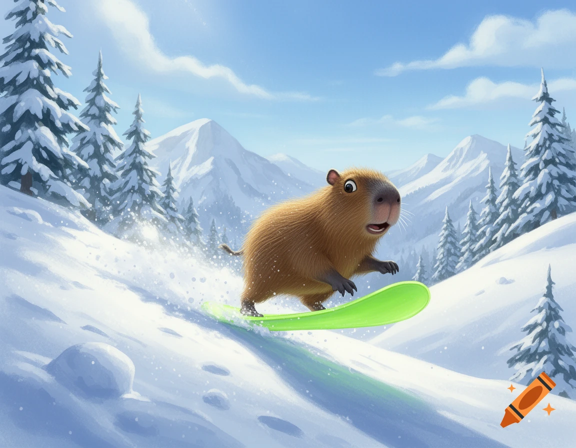 A whimsical cartoon capybara happily snowboards down a snowy mountain slope, with pine trees and distant peaks under a blue sky.