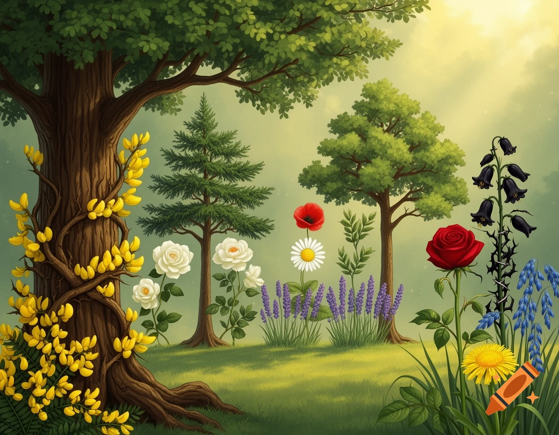 A whimsical illustration of a forest clearing with diverse trees and colorful flowers like roses, poppies, daisies, and lavender.