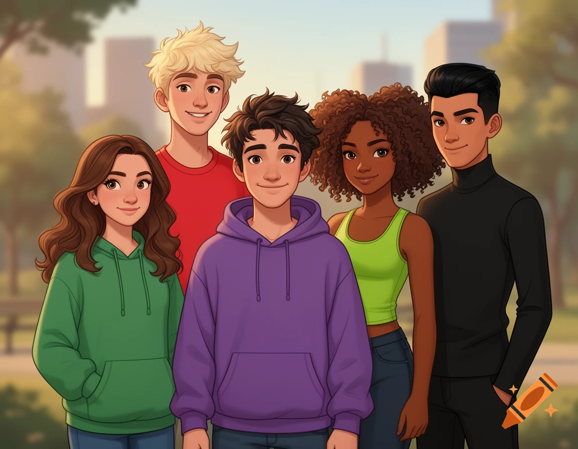 A group of five diverse cartoon teenagers in casual clothes smiling and standing together outdoors.