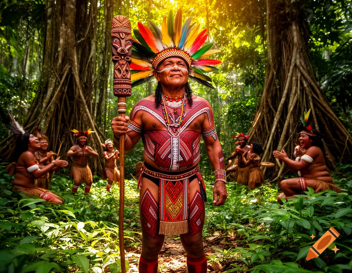 Photorealistic image of an indigenous man in a feather headdress and red body paint, holding a staff, surrounded by other people in a lush jungle.
