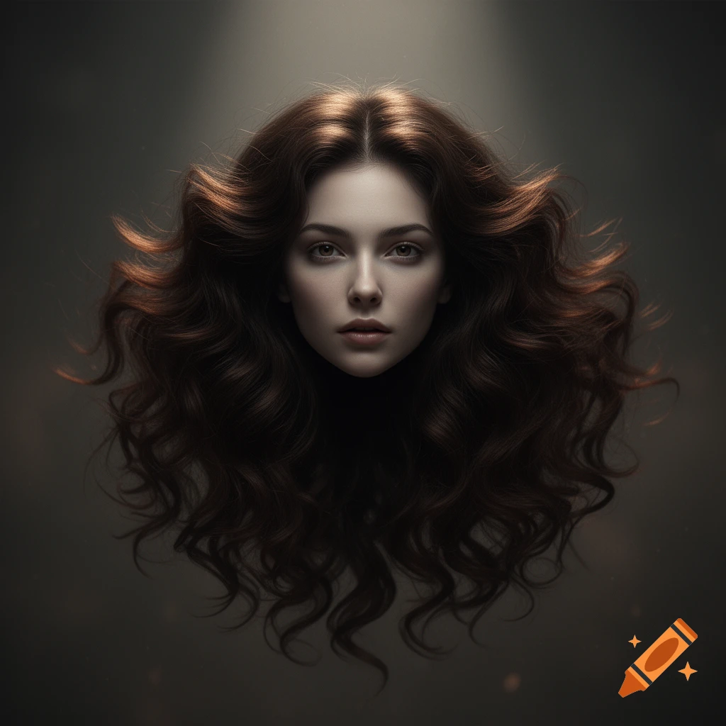 Photorealistic portrait of a woman's disembodied head with voluminous dark brown hair, floating against a dark background.