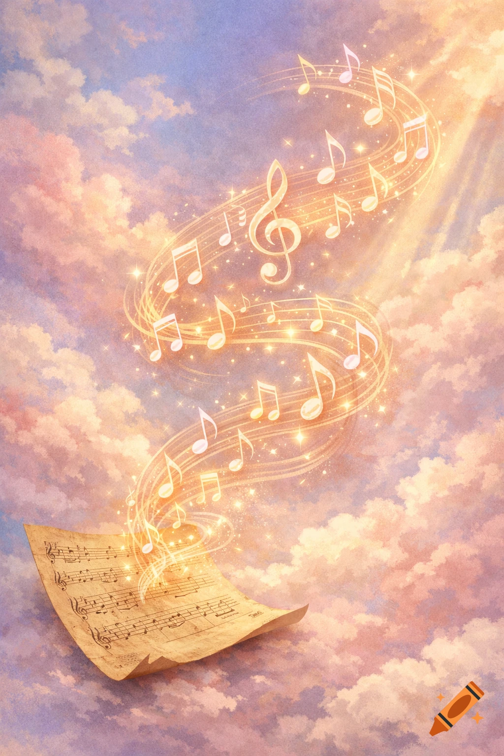 Old sheet music with glowing musical notes spiraling into a pastel sky filled with soft clouds.