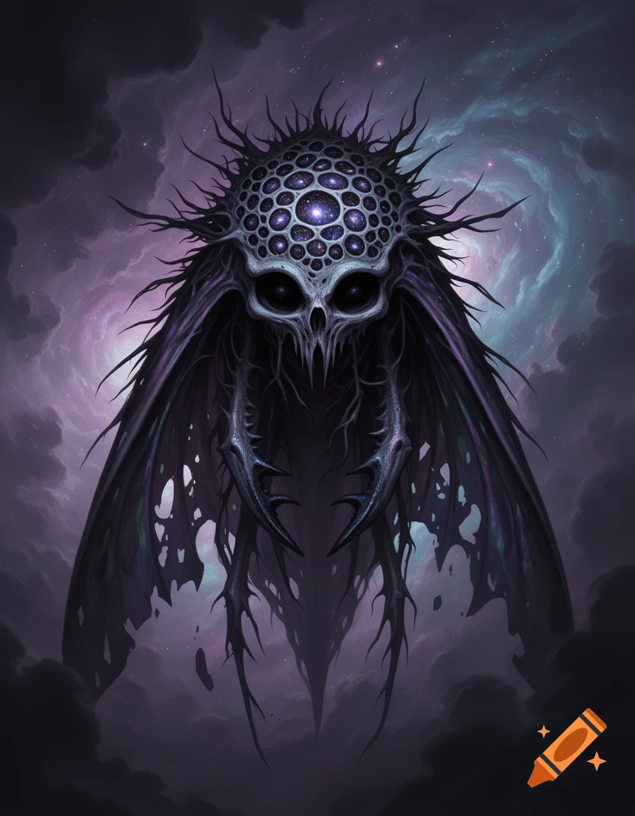 Dark fantasy concept art of an eldritch creature with a skull-like face, honeycomb head filled with cosmos, spiky hide, and tattered wings against a cosmic background.