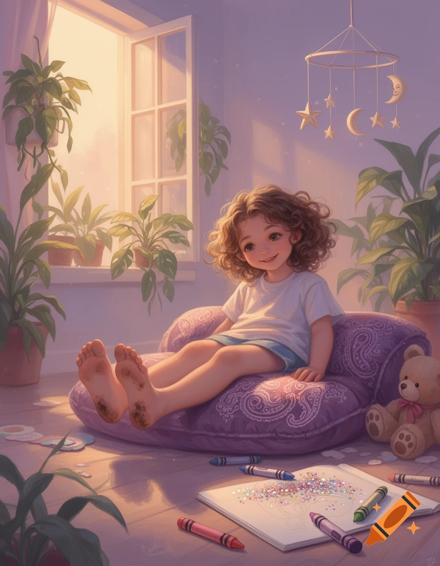 A smiling young girl with curly hair sits on a purple cushion, dirty feet extended, surrounded by plants and crayons in a sunlit room.