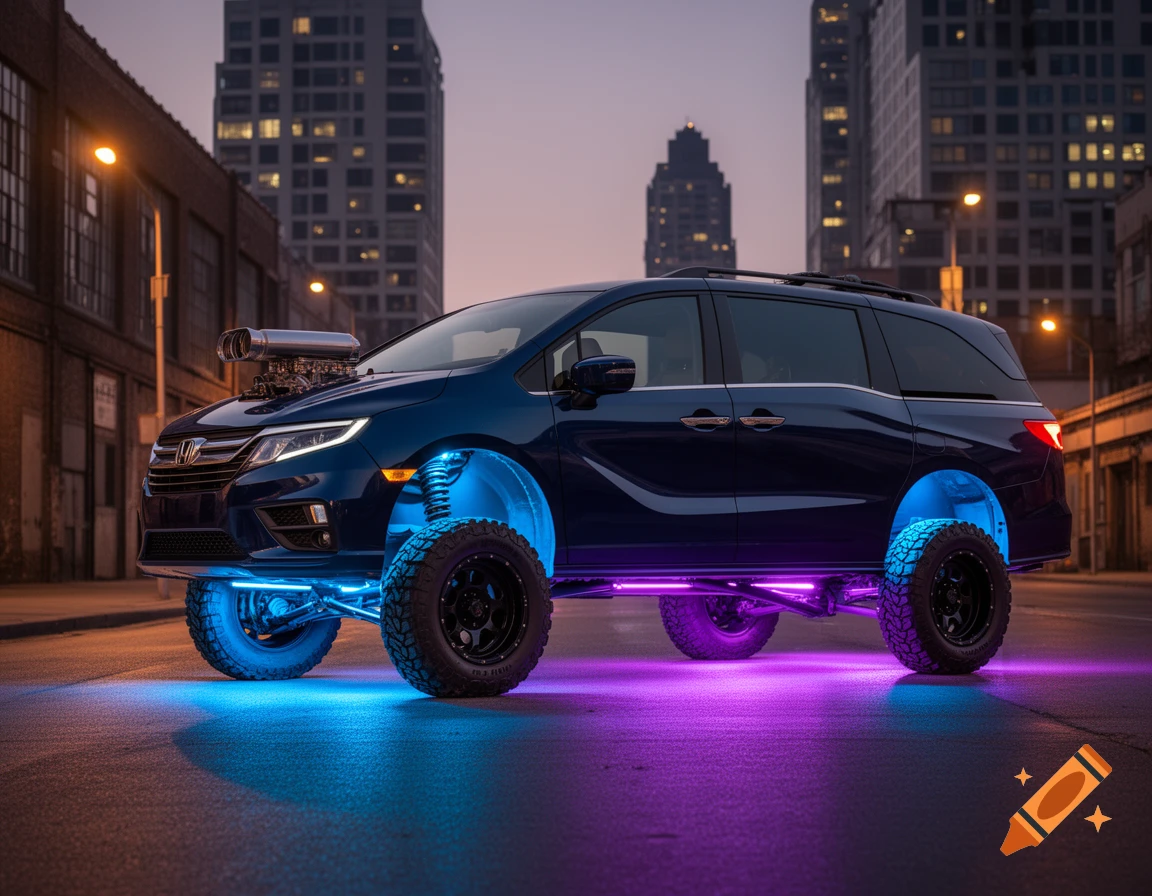A dark blue, lifted Honda Odyssey minivan with underglow lights and a supercharger, parked on a city street at dusk.