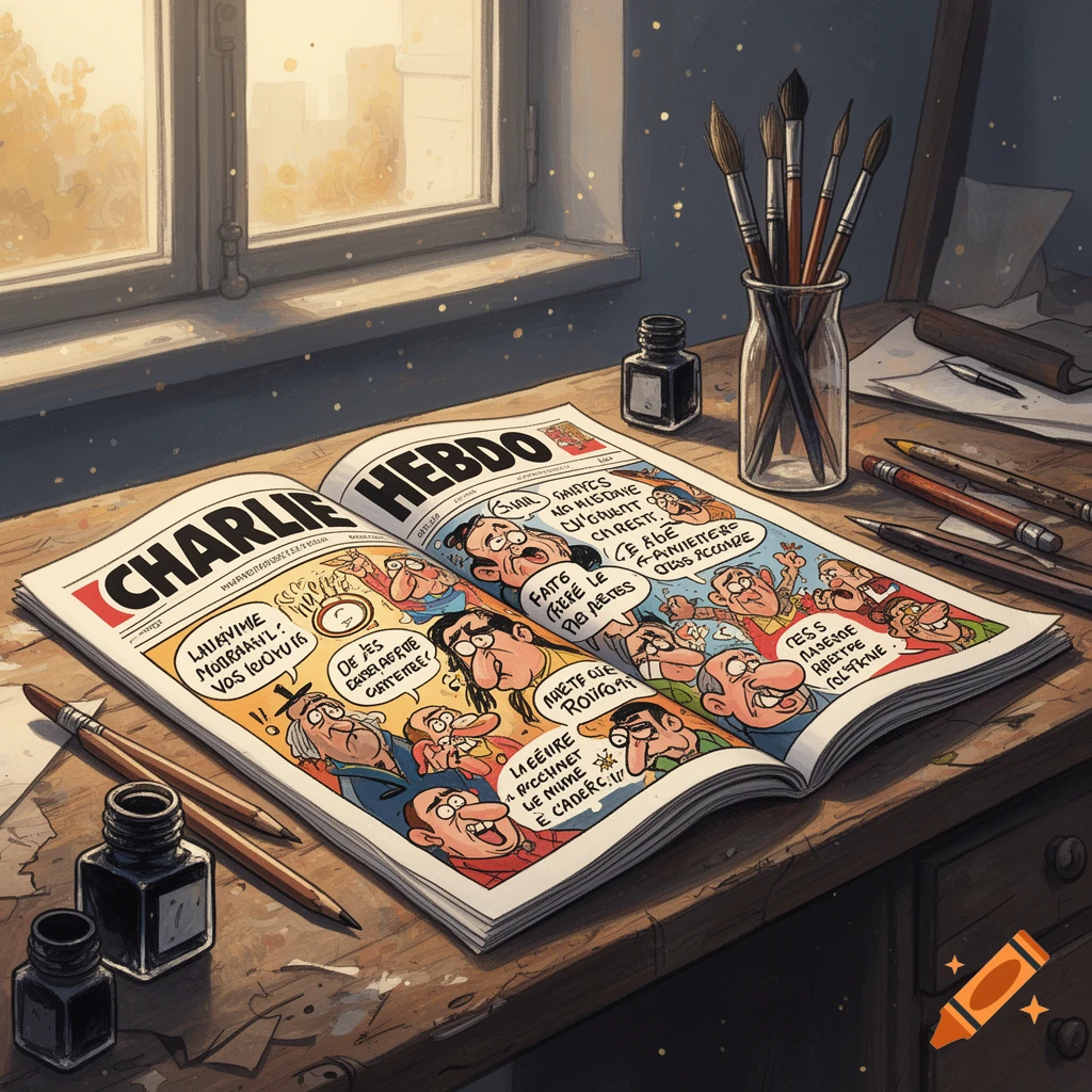 An open "CHARLIE HEBDO" comic book on a wooden desk with ink bottles, pencils, and paintbrushes, next to a window.