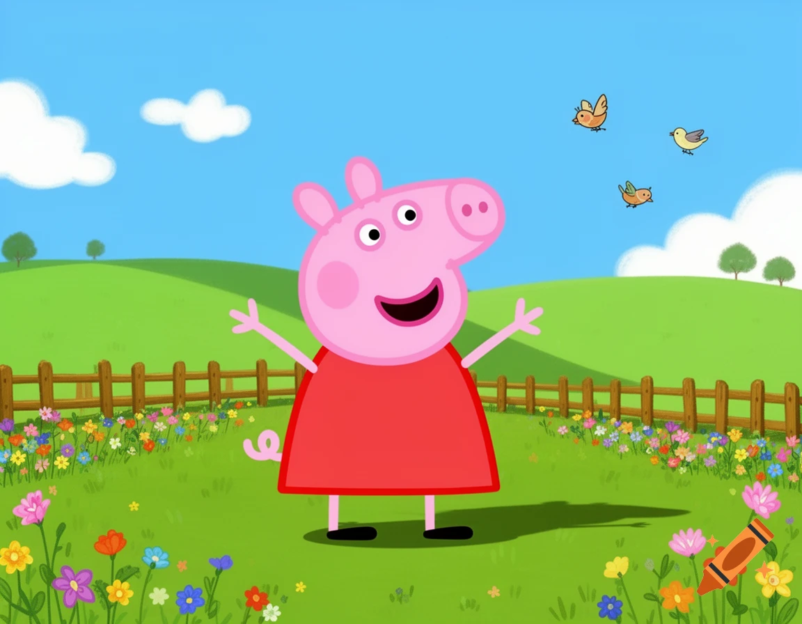 Cartoon Peppa Pig in a red dress, standing in a sunny green field with colorful flowers, a wooden fence, hills, and birds flying in a blue sky.