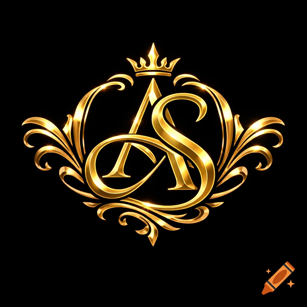 Golden monogram logo with intertwined letters 'A' and 'S' adorned with a crown and ornate flourishes on a black background.