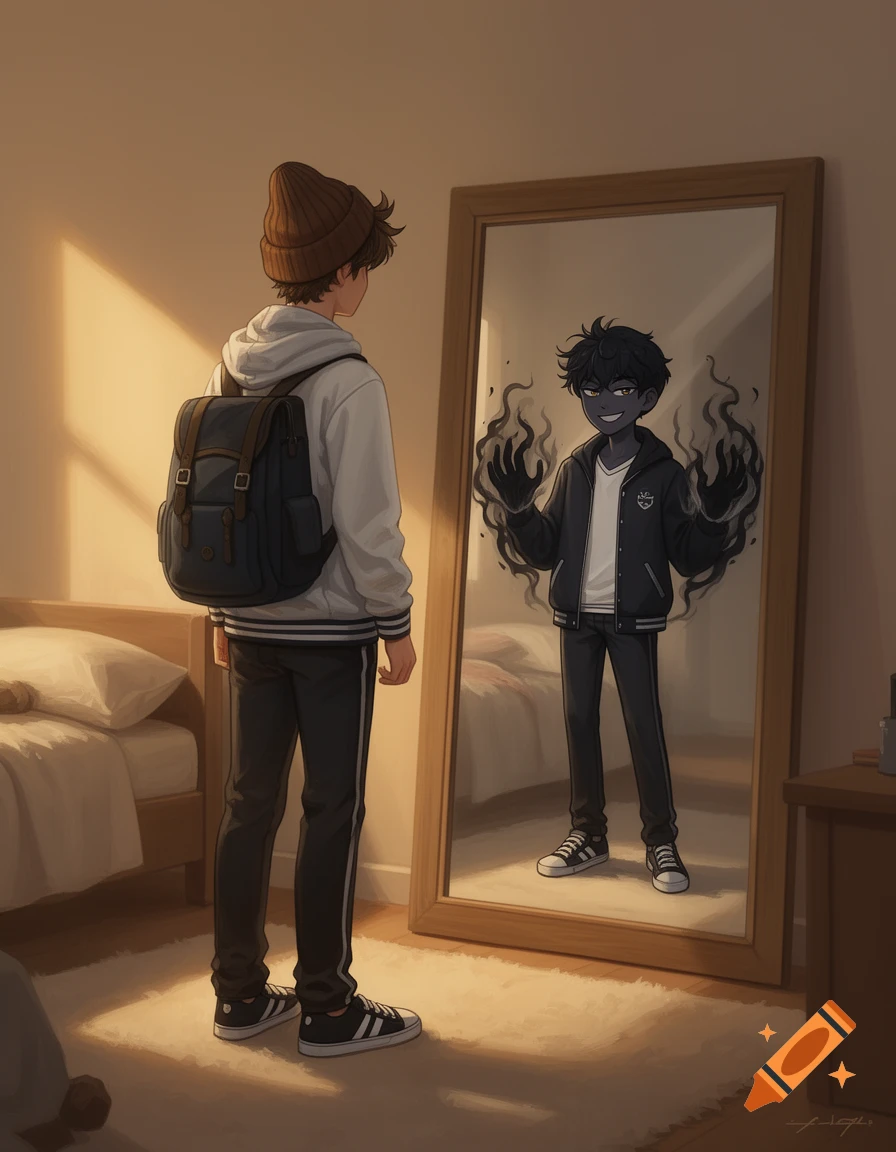 A young man with a beanie and backpack looks into a mirror, seeing his dark, anime-style alter ego with smoky hands.