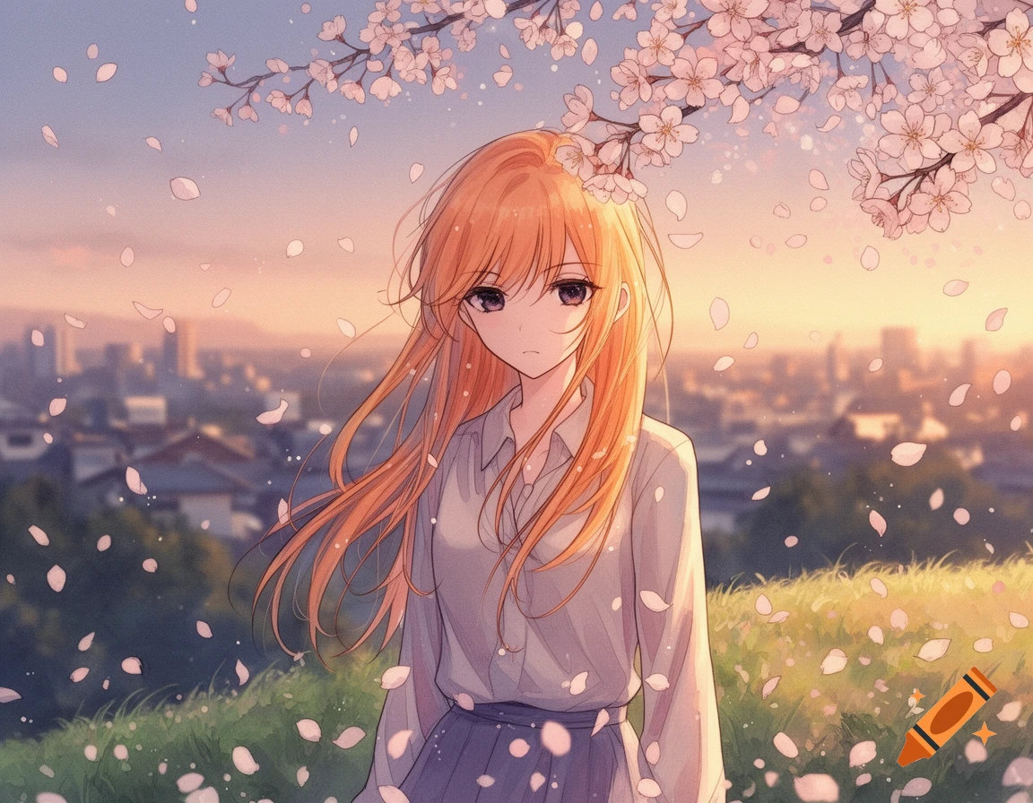 An anime girl with long orange hair stands under cherry blossoms ...