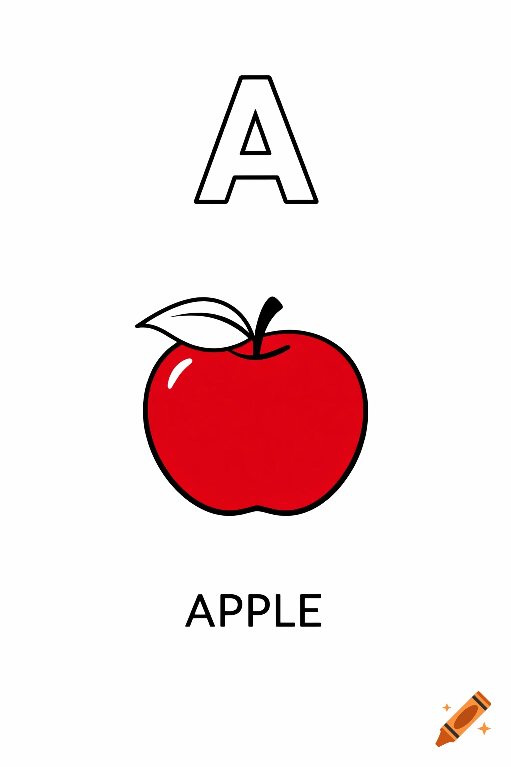 A simple white page with a large outline of the letter A, a red apple illustration, and the word APPLE.