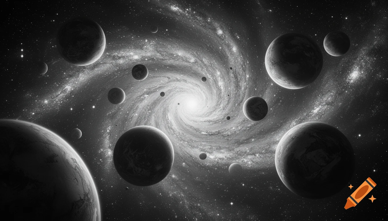 A grayscale, ultra-detailed image of a spiral galaxy with numerous planets of various sizes floating in space.