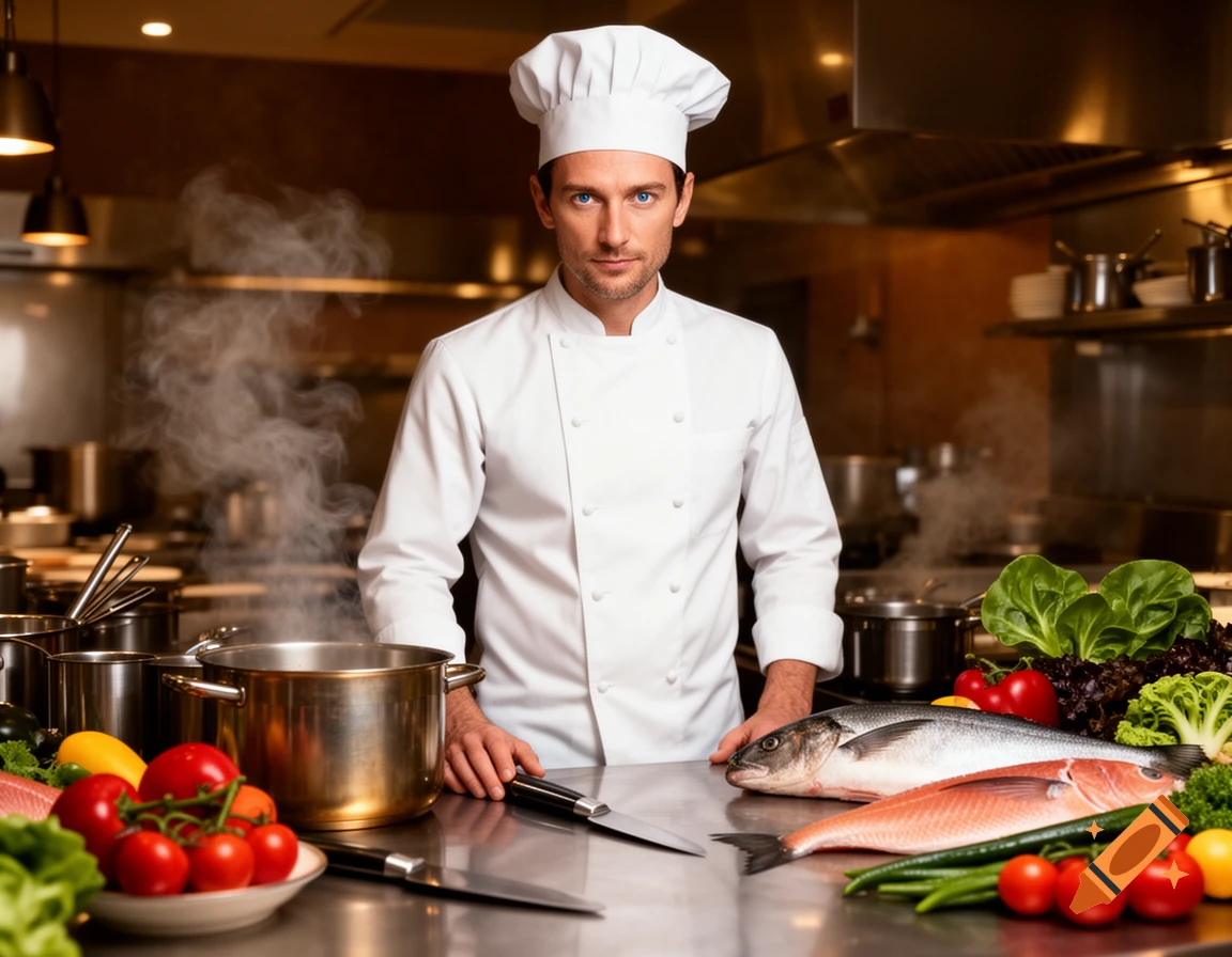 A photorealistic image of a male chef in a white uniform and hat, standing in a professional kitchen with fresh fish and vegetables on the counter.