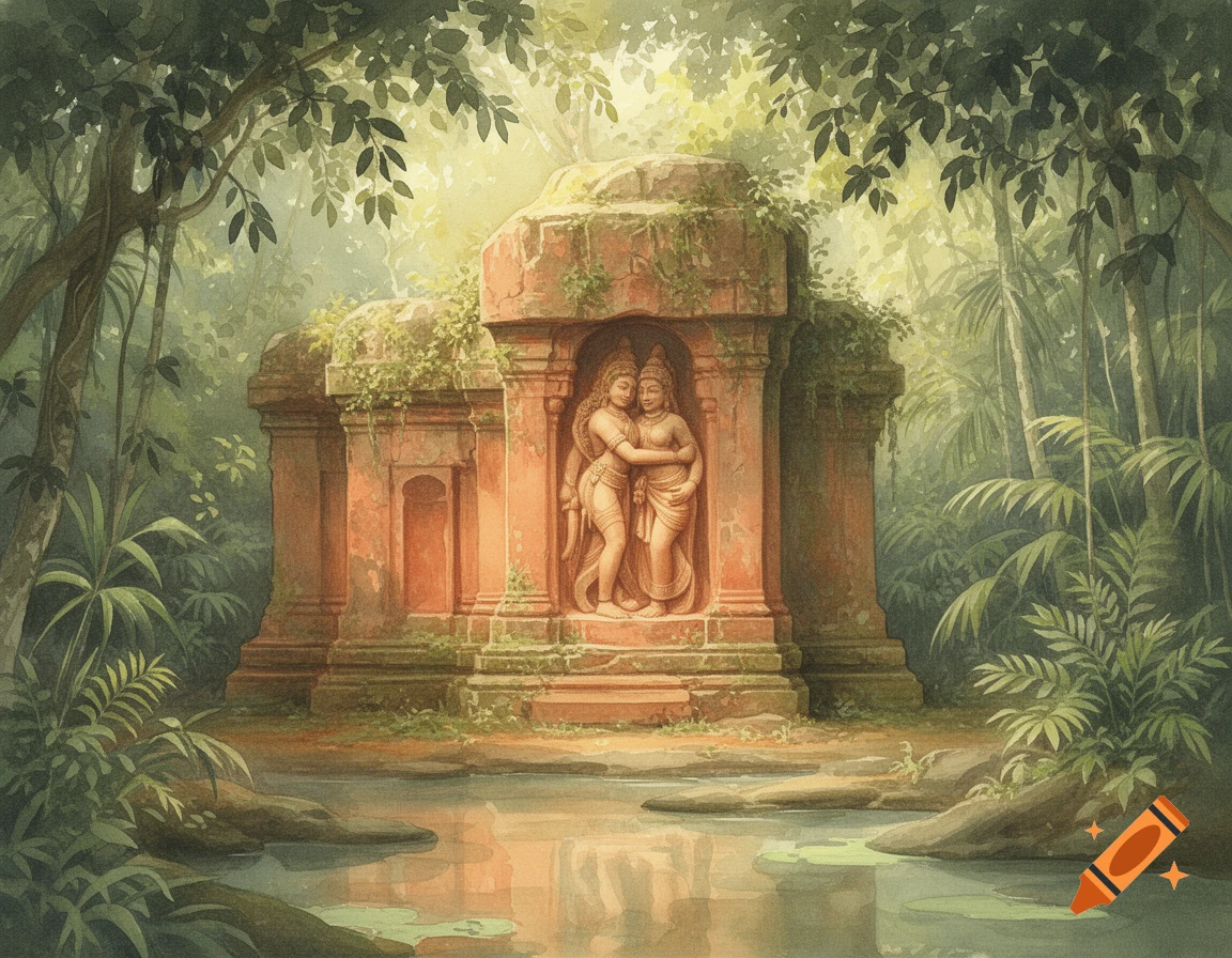 Watercolor art of an ancient ruin with a stone carving of two embracing figures, surrounded by lush jungle and a calm body of water.
