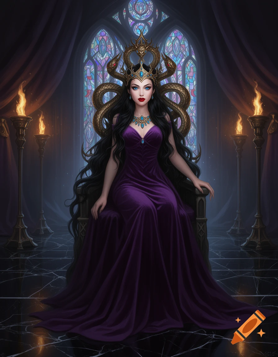A dark fantasy queen with long black hair and a golden snake crown