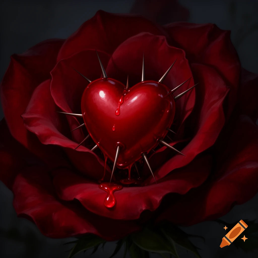 A glossy red heart pierced by sharp thorns, dripping red liquid, rests inside a dark red rose. Stylized art.