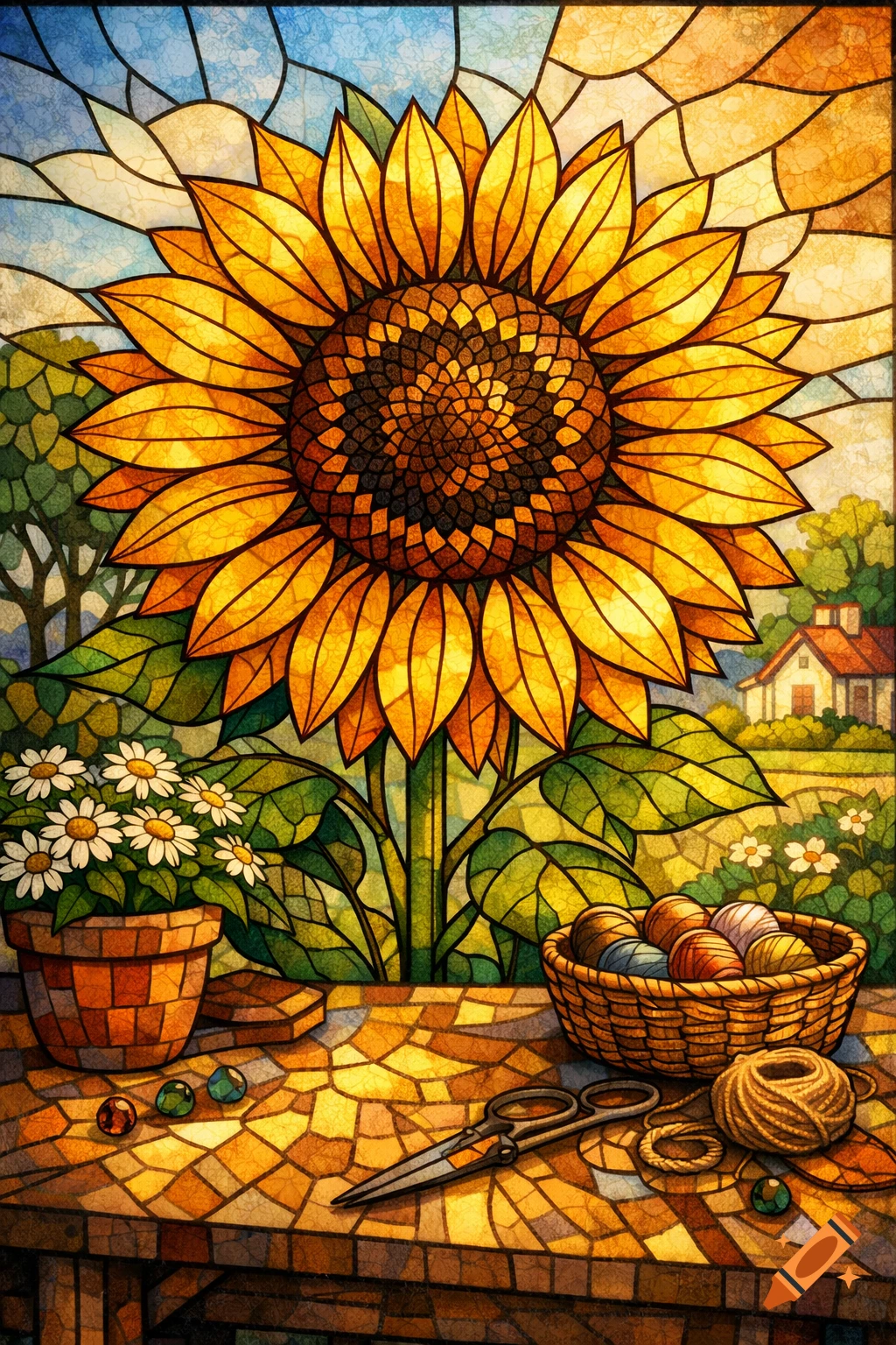 Stained glass artwork featuring a large sunflower, a potted plant of daisies, and craft items on a mosaic table, with a distant house.