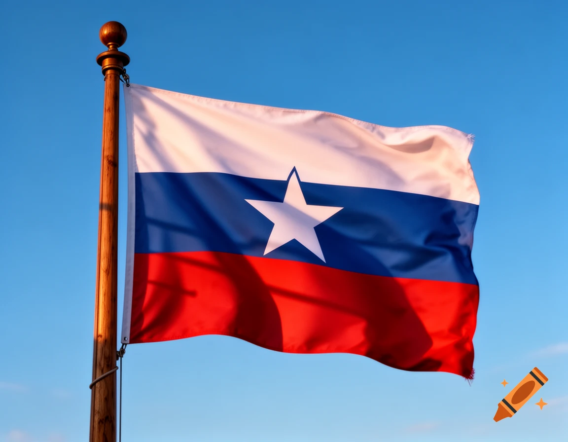 A flag with white, blue, and red horizontal stripes, featuring a white star on the blue stripe, flies from a wooden flagpole against a clear blue sky.