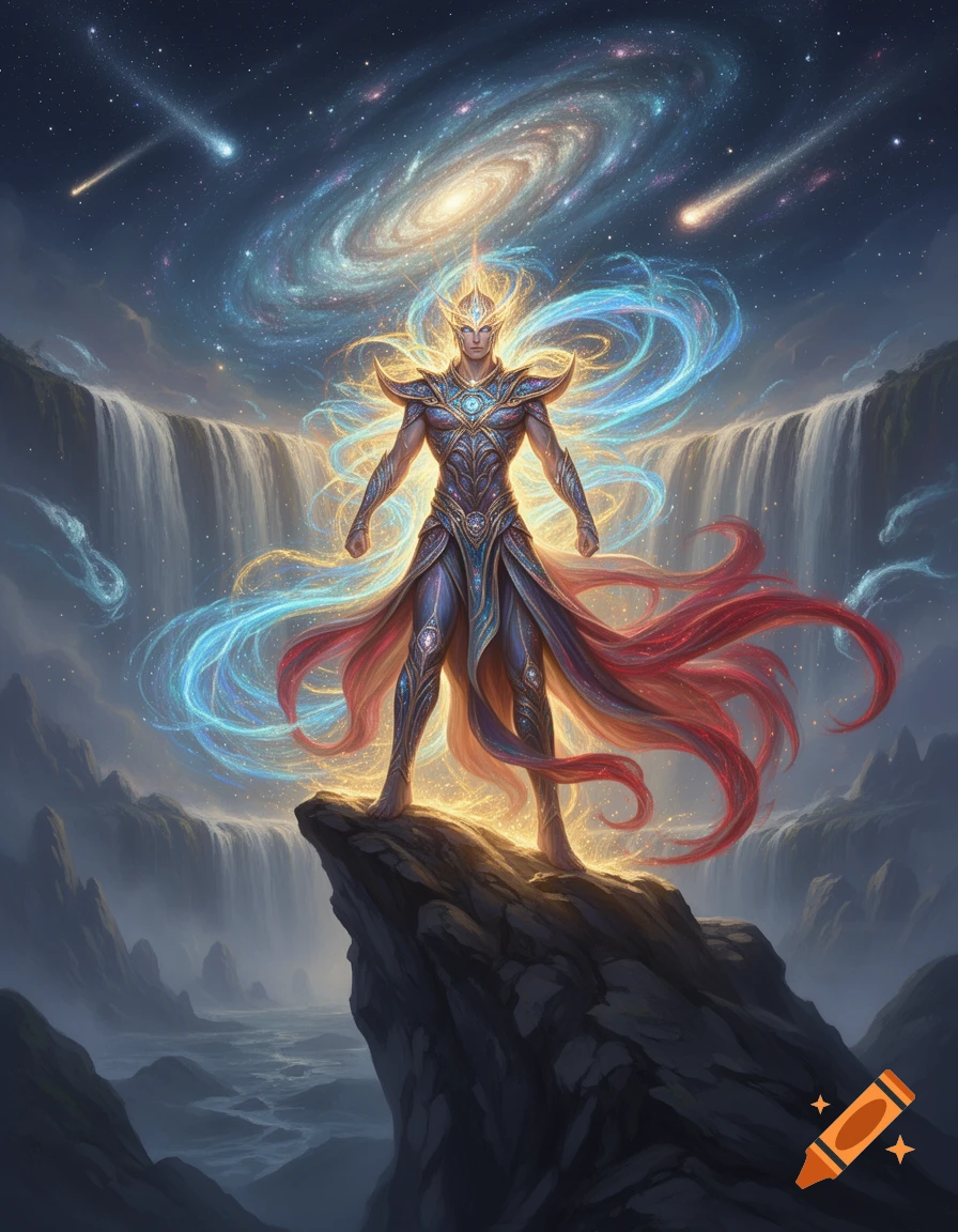 A powerful glowing demigod with vibrant aura stands on a cliff before grand waterfalls and a cosmic sky with a spiral galaxy. Fantasy art.