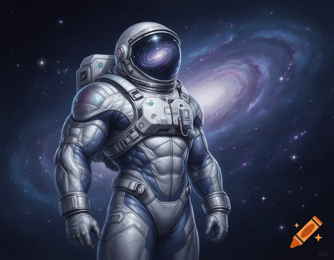 A muscular astronaut in a metallic suit stands in outer space with a swirling galaxy behind them.