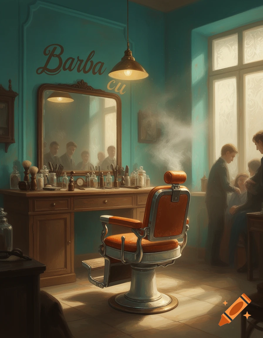Painterly scene of a vintage barbershop interior with an orange barber chair, mirror, and men in the background. 'Barba cu' text on the wall.