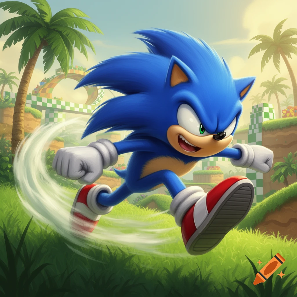 Sonic the Hedgehog running at high speed through a vibrant, green cartoon landscape with palm trees and checkered arches.