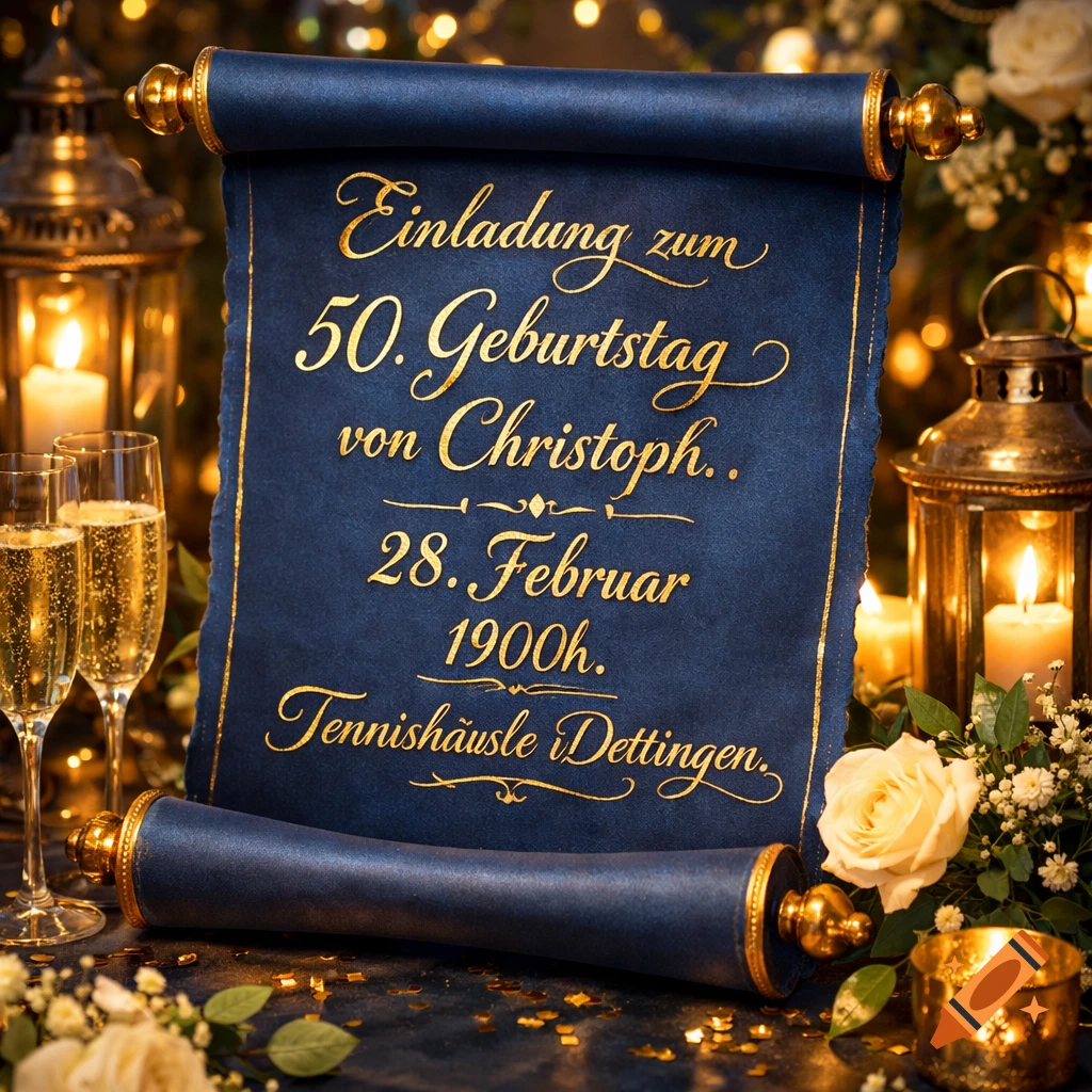 A navy blue scroll with golden German text for a 50th birthday invitation, flanked by champagne flutes, lanterns, candles, and white roses, set in a warm, festive atmosphere.
