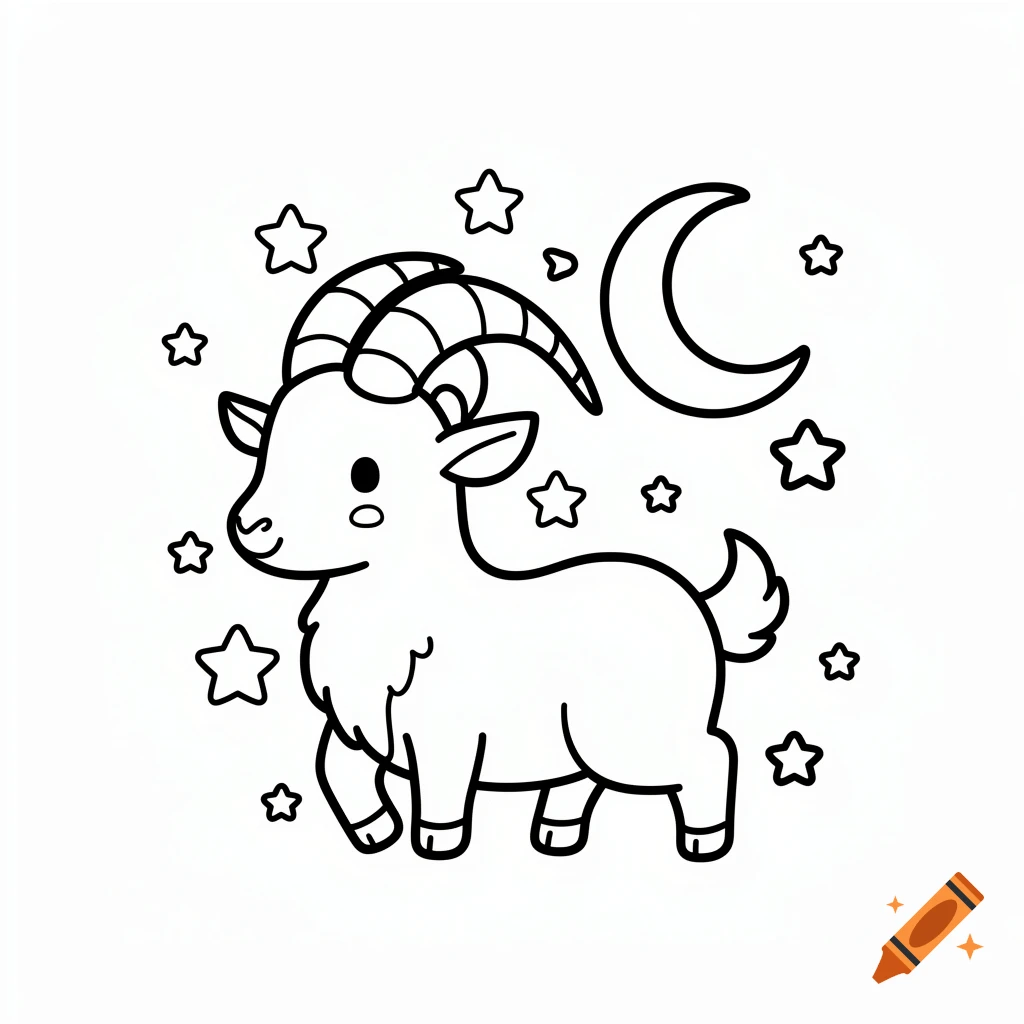 Cute black and white coloring page of a Capricorn goat with large horns, stars, and a crescent moon.