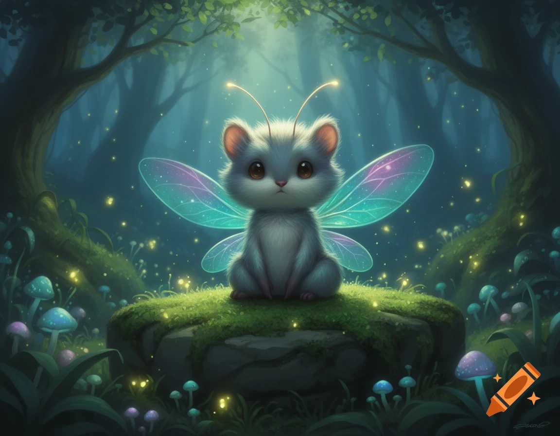 A fluffy, grey fairy creature with iridescent wings and glowing antennae sits on a mossy rock in a magical, glowing forest.
