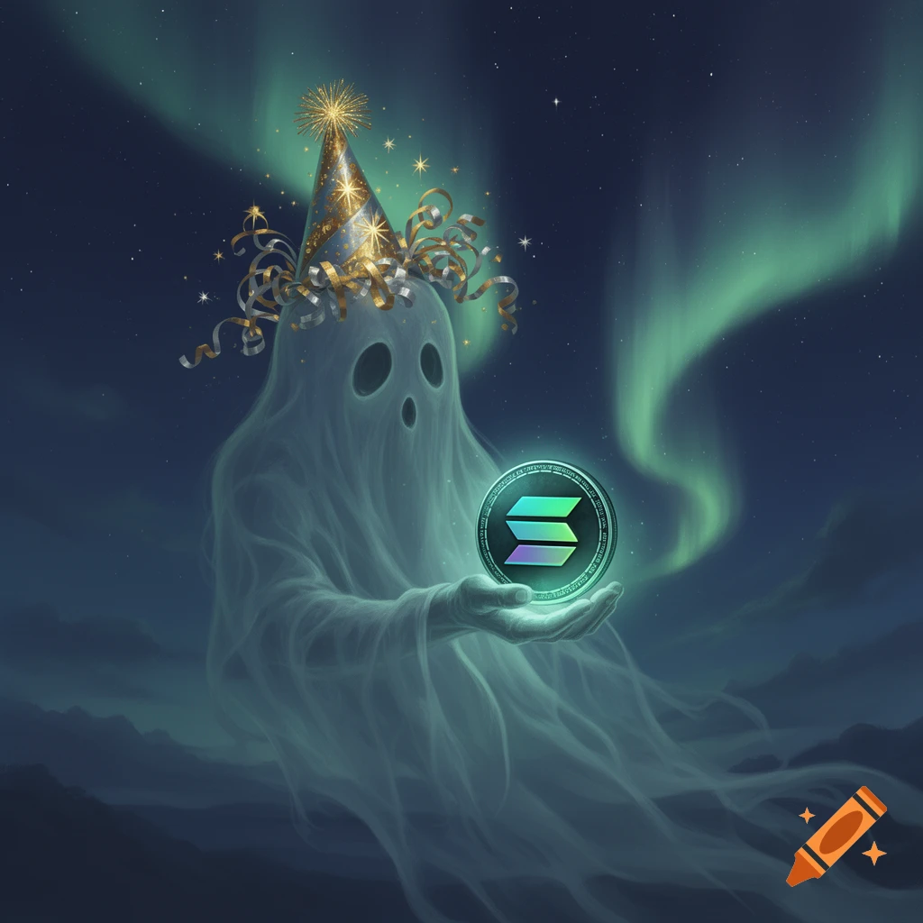 A whimsical ghost wearing a golden New Year's party hat, holding a glowing Solana cryptocurrency coin under a starry night sky with green aurora borealis.