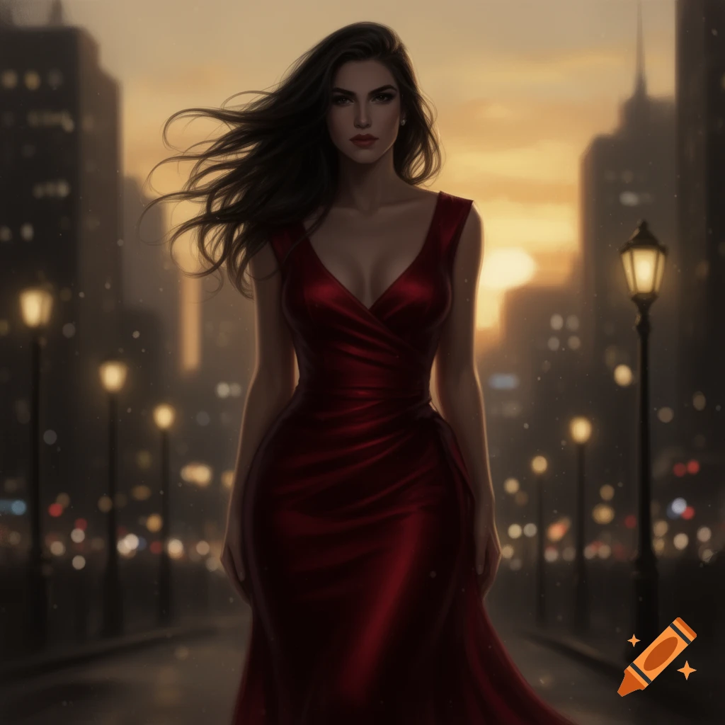 Digital painting of a woman in a flowing red dress, standing on a city ...