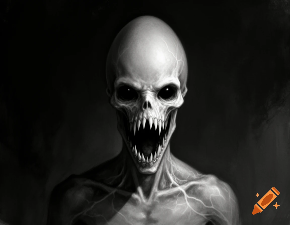 A monochromatic, terrifying skeletal monster with tiny black eyes and a massive jaw filled with sharp teeth, against a dark background.