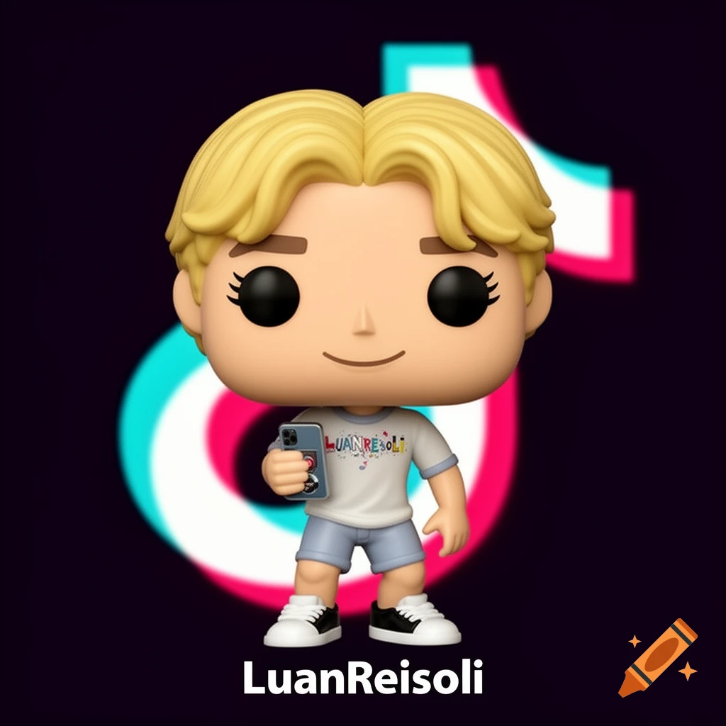 Funko Pop figure of a blonde person with short hair, wearing a white t-shirt and shorts, holding a phone, against a blurry pink and blue TikTok logo.