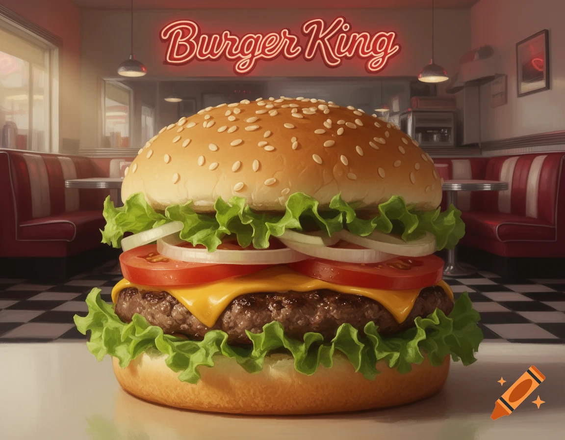 A photorealistic close-up of a hamburger with all the fixings, in a retro diner with a neon 'Burger King' sign.