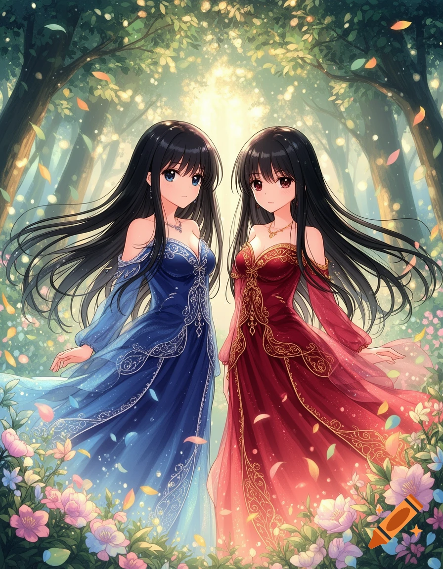 Two anime girls with long black hair, one in a blue dress and one in a red dress, stand in a glowing magical forest surrounded by flowers.