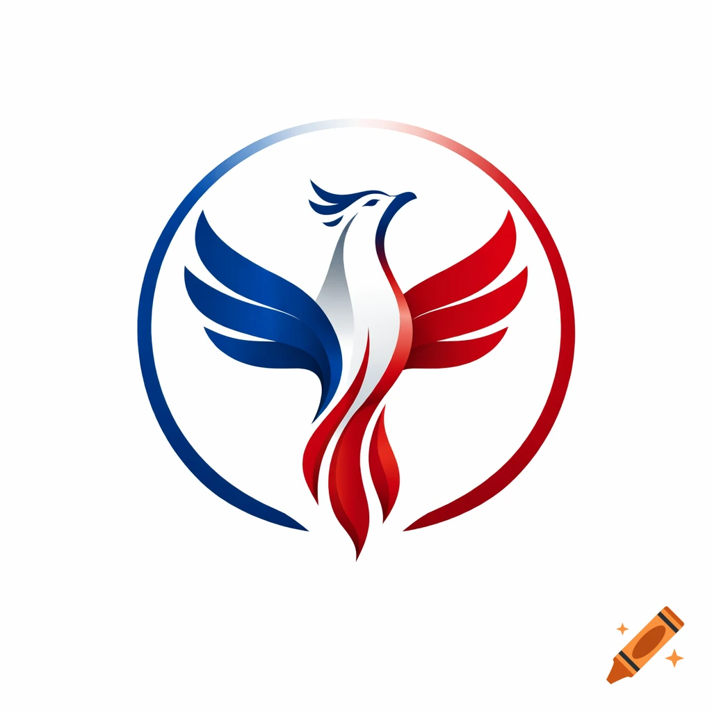 A stylized phoenix logo with wings spread, colored blue, white, and red like the French flag, enclosed within a gradient blue, white, and red circle.