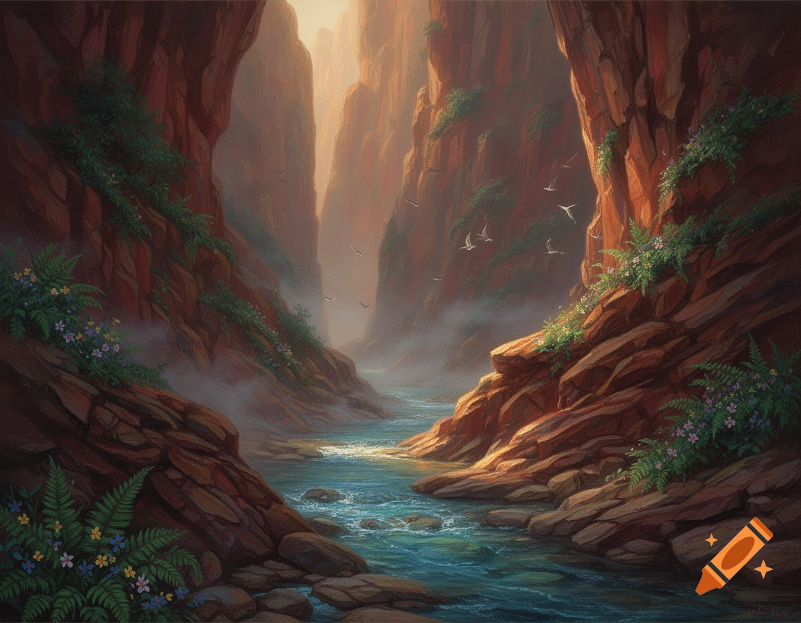 A deep river flows through a misty canyon with towering red rock walls, lush green foliage, and birds flying overhead in a painterly style.