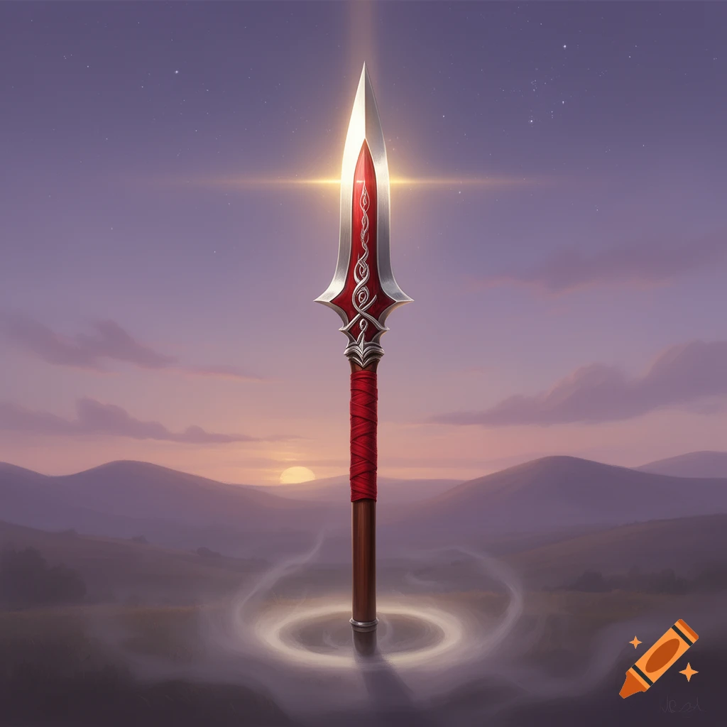 An ornate red and silver spear with a glowing tip stands upright in a misty, mountainous landscape under a twilight sky.