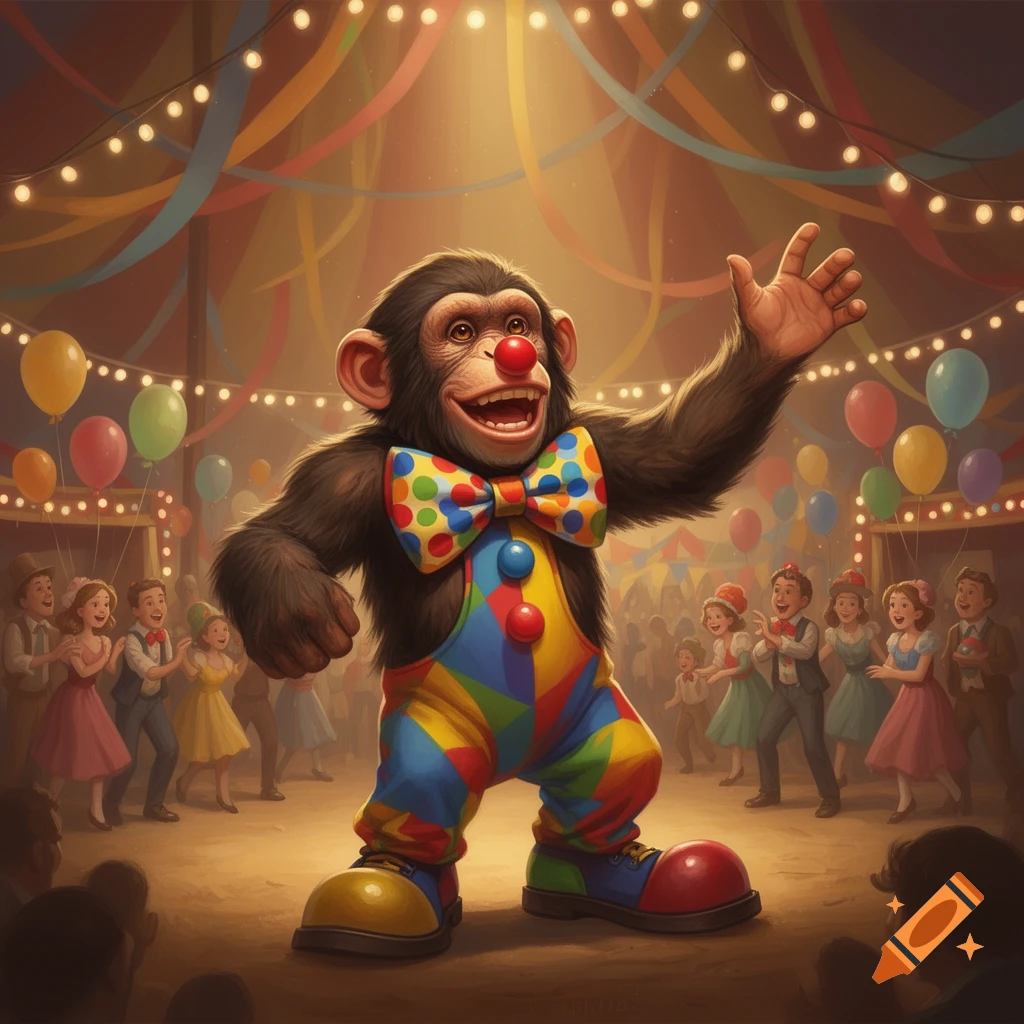 A chimpanzee in a colorful clown costume and big shoes stands in a lively circus tent with balloons and dancing people.