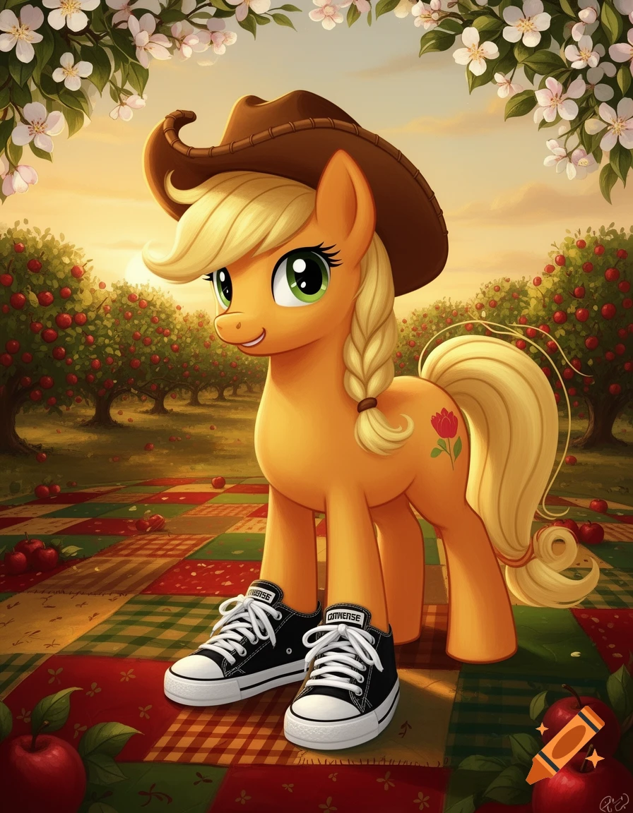 Applejack, a yellow pony in a cowboy hat and black Converse shoes, stands in an apple orchard with white blossoms and red apples.