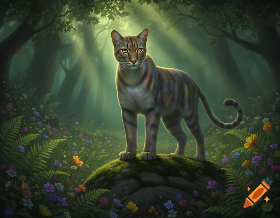A mystical cat with iridescent fur stands on a mossy rock in a sunlit ...