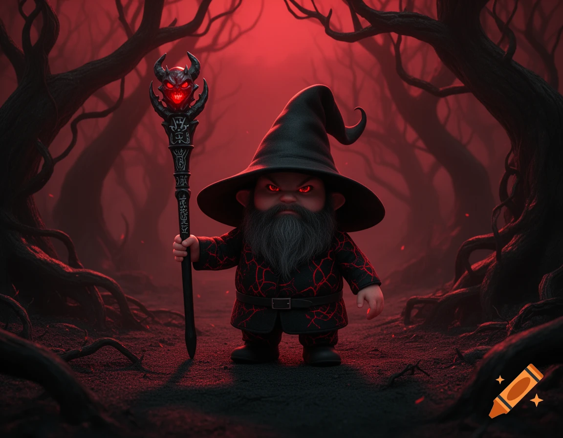 A cute yet evil black and red gnome with glowing red eyes holds a demonic staff in a dark, red-lit forest, stylized.