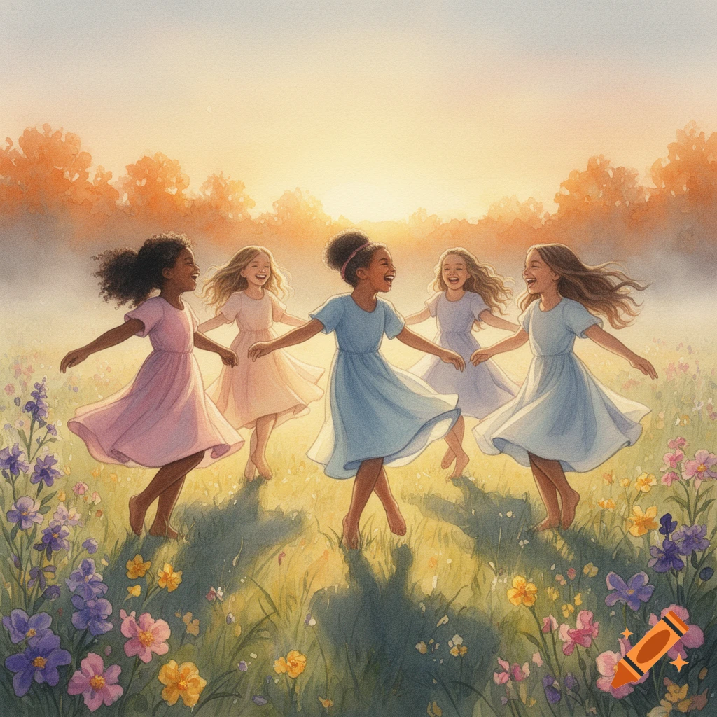Five smiling girls in dresses dance in a field of colorful wildflowers at sunset, painted in a soft watercolor style.