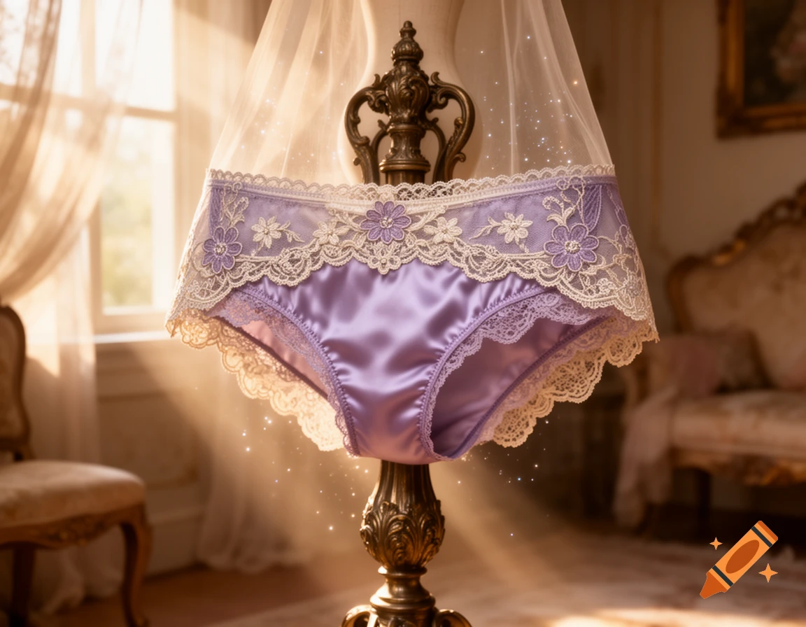 A pair of purple satin and lace panties displayed on an ornate stand in a sunlit elegant room with sparkling dust.