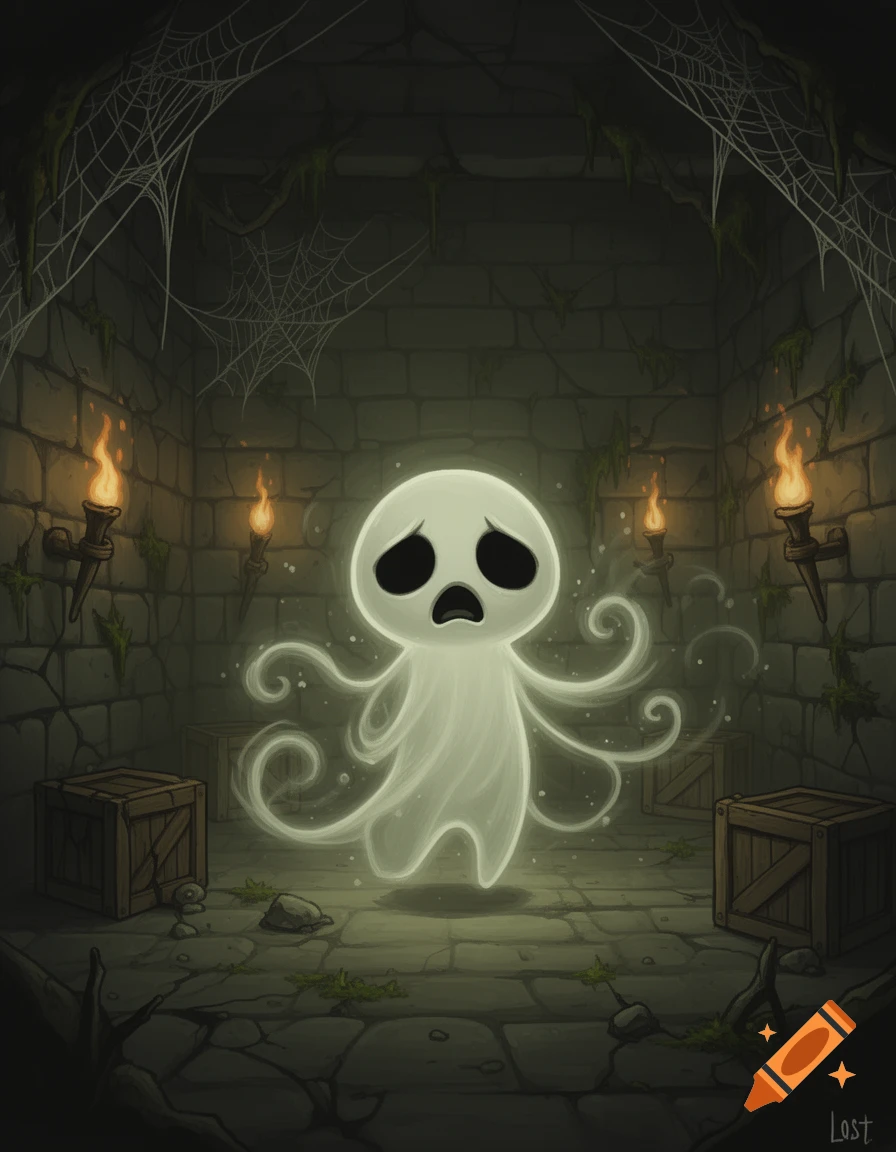 A sad, white ghost with flowing tentacles floats in a dark, mossy stone dungeon lit by torches and covered in spiderwebs.