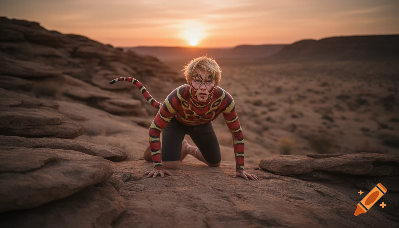 A blond person with red and yellow snake-like body paint and a tail crawls in a rocky desert at sunset.