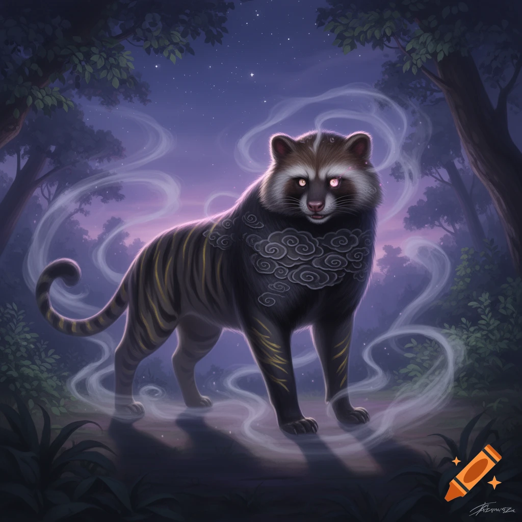 A mystical creature resembling a raccoon-tiger hybrid with glowing pink eyes and cloud patterns, surrounded by white wisps in a purple forest at night.