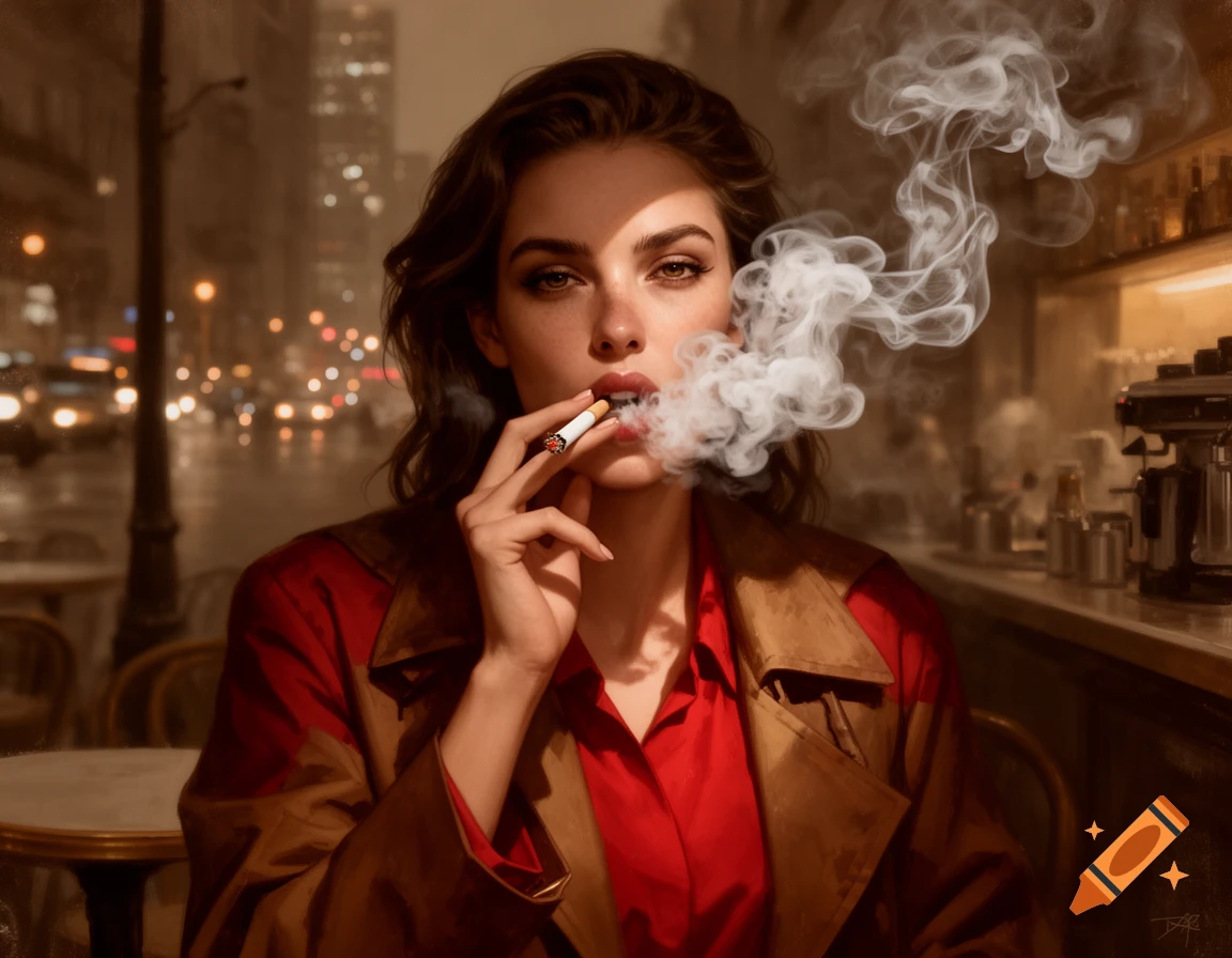 A photorealistic portrait of a woman smoking a cigarette and exhaling smoke in a night cafe with city lights in the background.
